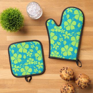 ENSEMBLE DE GANT DE CUISINE ET DE MANIQUE MOTIF HULA HAWAIEN (HIBISCUS) EN TURQUOISE/LIME