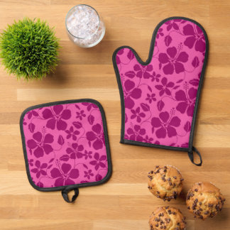 ENSEMBLE DE GANT DE CUISINE ET DE MANIQUE MOTIF HULA HAWAIEN (HIBISCUS) EN VIN DE BOURGOGNE