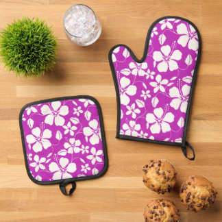 ENSEMBLE DE GANT DE CUISINE ET DE MANIQUE MOTIF HULA HAWAIEN (HIBISCUS) FRAMBOISE