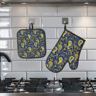 Ensemble De Gant De Cuisine Et De Manique Motif jaune bleu Paisley