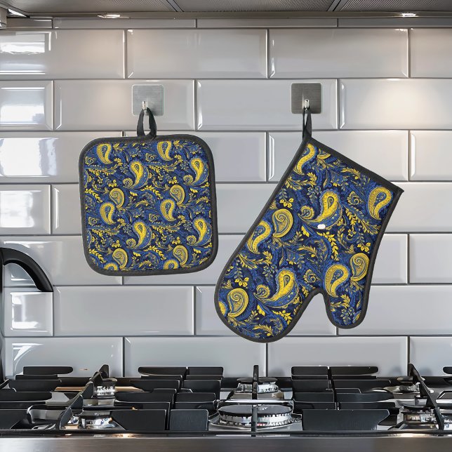 Ensemble De Gant De Cuisine Et De Manique Motif jaune bleu Paisley (Créateur téléchargé)