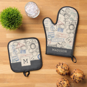 Ensemble De Gant De Cuisine Et De Manique Motif Mondial Postage Timbres