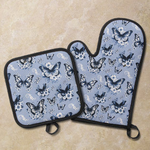 Ensemble De Gant De Cuisine Et De Manique Motif Papillon Bleu