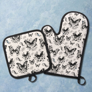 Ensemble De Gant De Cuisine Et De Manique Motif Papillon Noir Blanc