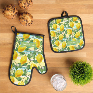 Ensemble De Gant De Cuisine Et De Manique Motif personnalisé de fruits au citron d'été médit