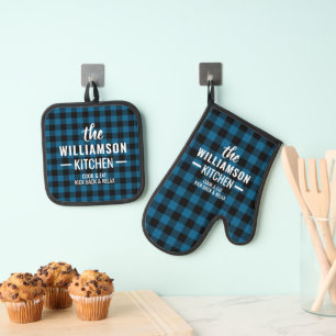 Ensemble De Gant De Cuisine Et De Manique Motif Plaid personnalisé noir bison noir bison bis