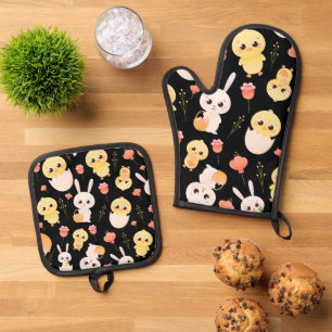 Ensemble De Gant De Cuisine Et De Manique Motif sans couture de poussins et de lapins de Pâq