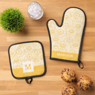 Ensemble De Gant De Cuisine Et De Manique Motif Sunny Sunflower