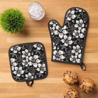 ENSEMBLE DE GANT DE CUISINE ET DE MANIQUE MOTIF SURF DE LA JUNGLE EN NOIR