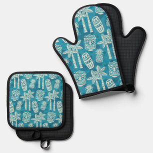 Ensemble De Gant De Cuisine Et De Manique Motif Tiki Rétro Moderne du Milieu du Siècle