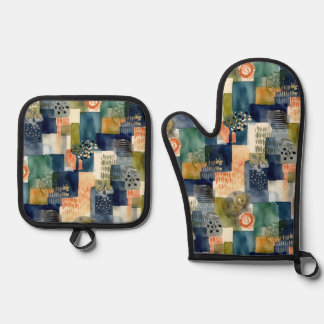 Ensemble De Gant De Cuisine Et De Manique motifs carrés Abstraits