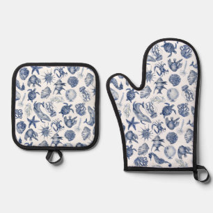 Ensemble De Gant De Cuisine Et De Manique Moufle bleue et blanche pour poisson