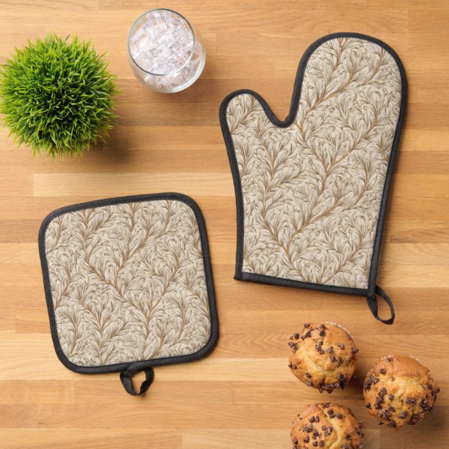 Ensemble De Gant De Cuisine Et De Manique Neutral Beige Gold Botanical Leaf William Morris (De haut en bas)