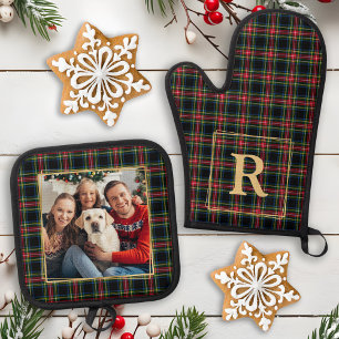 Ensemble De Gant De Cuisine Et De Manique Noël Planté Personnalisé Monogramme Gold Photo Fam
