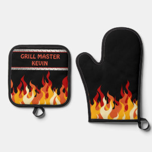 Ensemble De Gant De Cuisine Et De Manique Noir avec Flames Grill Master