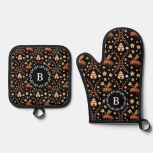 Ensemble De Gant De Cuisine Et De Manique Noir Cottage Core Bees & Beehive Personnalisé