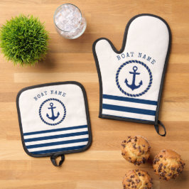 Ensemble De Gant De Cuisine Et De Manique Nom du bateau nautique, Ancre Marine Bleu rayé