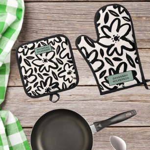 Ensemble De Gant De Cuisine Et De Manique Nom moderne de fleur noir et blanc