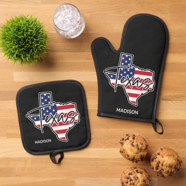 Ensemble De Gant De Cuisine Et De Manique Nom personnalisé Texas (De haut en bas)