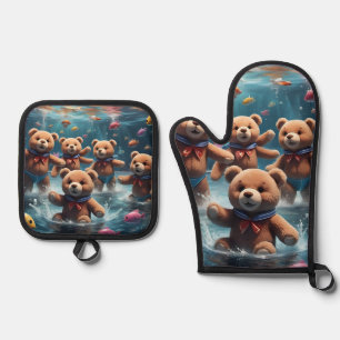 Ensemble De Gant De Cuisine Et De Manique Nounours nager dans un bassin de poissons
