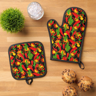 Ensemble De Gant De Cuisine Et De Manique Nourriture épicée mexicaine, Poivrons de Chili, Fl