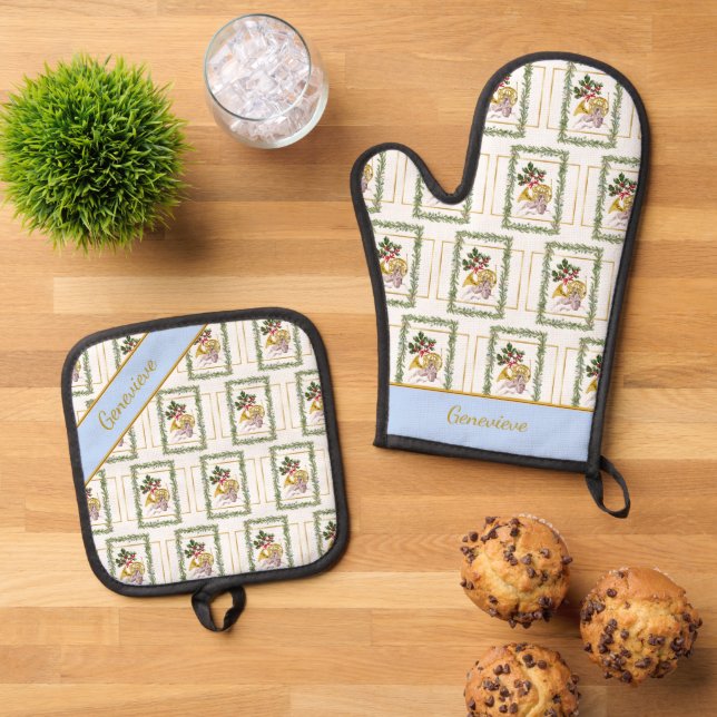 Ensemble De Gant De Cuisine Et De Manique Ode to Nutcracker Garland Blue Accent (De haut en bas)