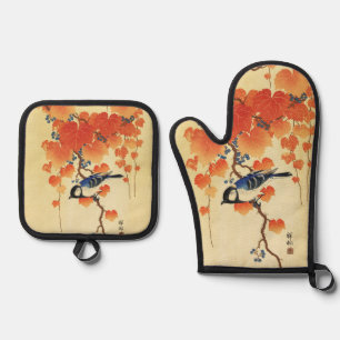 Ensemble De Gant De Cuisine Et De Manique Oiseau bleu Tit, Branche de Paulownia, Feuilles ro