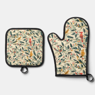 Ensemble De Gant De Cuisine Et De Manique Oiseaux de Noël et Feuilles