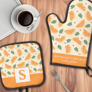 Ensemble De Gant De Cuisine Et De Manique Orange Floral Citron Monogrammé Été