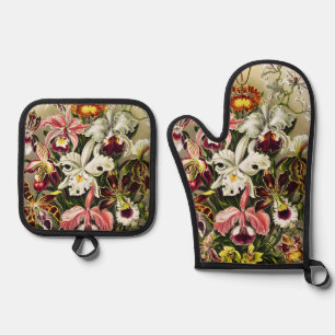 Ensemble De Gant De Cuisine Et De Manique Orchidées, Orchidée Denusblumen Ernst Haeckel