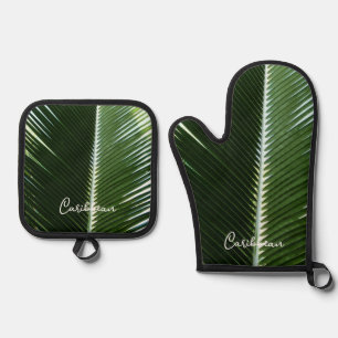 Ensemble De Gant De Cuisine Et De Manique Overlapping Palm Fronds Tropical Green Abstract