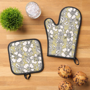 Ensemble De Gant De Cuisine Et De Manique Palaka Pareau Hawaii Check Hibiscus Grey