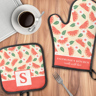 Ensemble De Gant De Cuisine Et De Manique Pamplemousse Citrus Floral Mignon Été Monogrammé