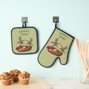 Ensemble De Gant De Cuisine Et De Manique Panier de fleurs personnalisé aux libellules