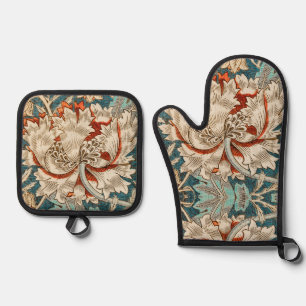 Ensemble De Gant De Cuisine Et De Manique Papier peint floral Morris Teal Blue Honeysuckle