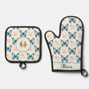 Ensemble De Gant De Cuisine Et De Manique Papillons Monogramme Bleu De Style Aquarelle