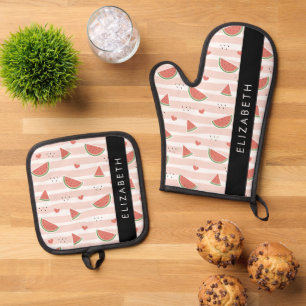 Ensemble De Gant De Cuisine Et De Manique Pastèques Rouges, Coeurs, Bandes, Votre Nom