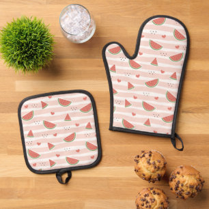 Ensemble De Gant De Cuisine Et De Manique Pastèques rouges, Coeurs, Grandes Pâtes, Motif d'é
