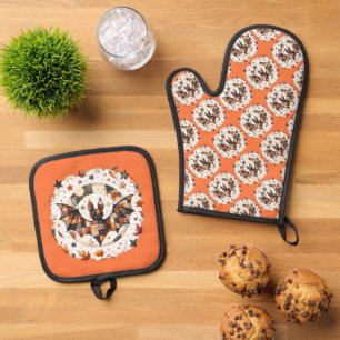 Ensemble De Gant De Cuisine Et De Manique Patchwork Chat d'Halloween aux couleurs d'automne