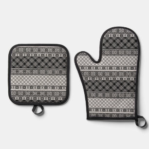 Ensemble De Gant De Cuisine Et De Manique Patchwork rayé noir et blanc avec dentelle