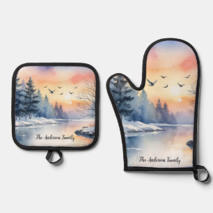 Ensemble De Gant De Cuisine Et De Manique Paysage d'hiver Lever de soleil Lac Oiseaux Person
