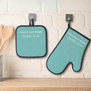 Ensemble De Gant De Cuisine Et De Manique Peace Love Bake Personnalisé Turquoise Bleu