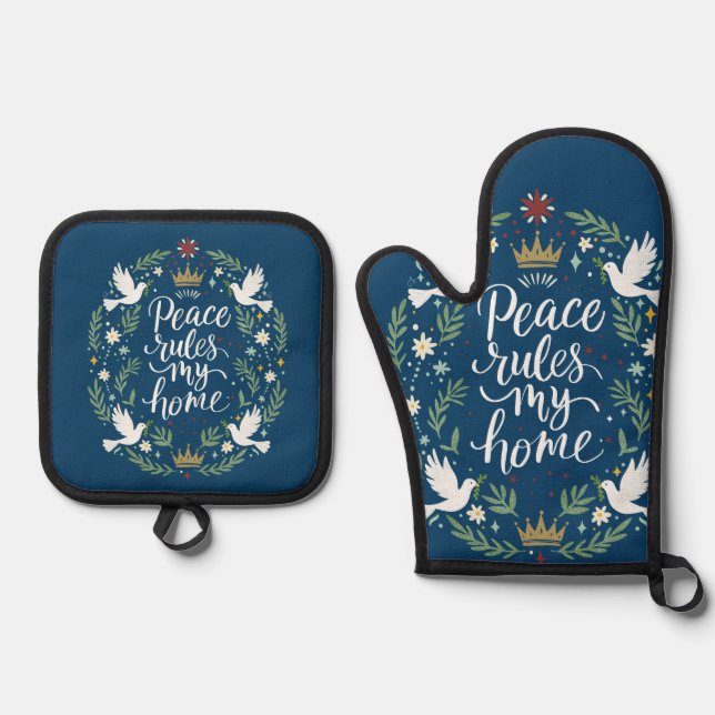 Ensemble De Gant De Cuisine Et De Manique Peace Rules My Home (Recto)