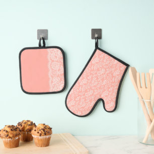 ENSEMBLE DE GANT DE CUISINE ET DE MANIQUE PÊCHE PASTEL AVEC BLANC PETITES BRANCHES & LACE LO
