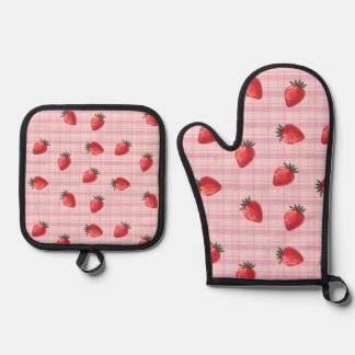 Ensemble De Gant De Cuisine Et De Manique Pêcher à carreaux fraise