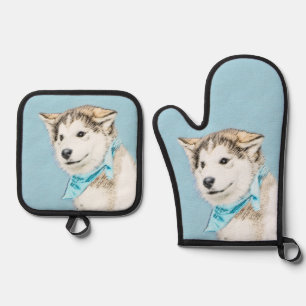 Ensemble De Gant De Cuisine Et De Manique Peinture de chiot Husky sibérien Chien rouge cuivr