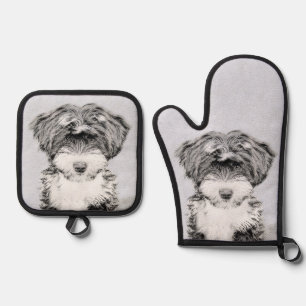 Ensemble De Gant De Cuisine Et De Manique Peinture Tibétaine Terrier Art Chien noir et blanc