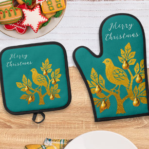 Ensemble De Gant De Cuisine Et De Manique Perdrix dans un arbre poirier sarcelle or joyeux n