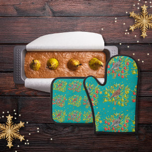 Ensemble De Gant De Cuisine Et De Manique Perdrix, poiriers et flocons de neige turquoise