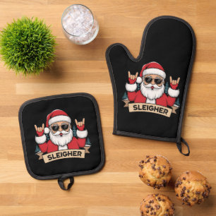 Ensemble De Gant De Cuisine Et De Manique Père Noël Rockeur de Noël Traîneau de Noël